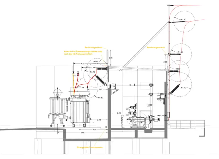 Sectional drawing / detailed drawing of a high-voltage transformer substation (substation / feed-in facility for railways or grid operators)