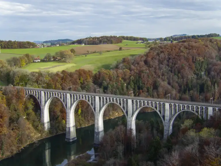 Aerial view of bridge viaduc de Grandfey in Switzerland