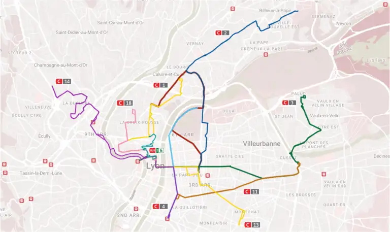 Map of the trolleybus routes in Lyon