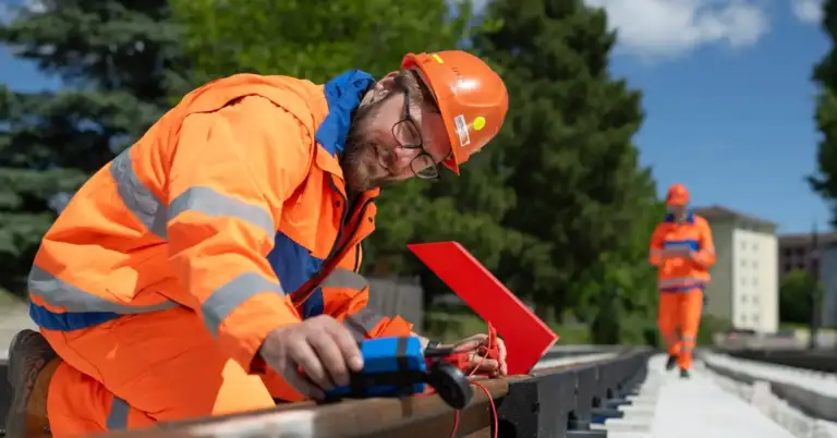 Zwei Enotrac Mitarbeitende in einem Gleis arbeitend messen mit einem Multimeter