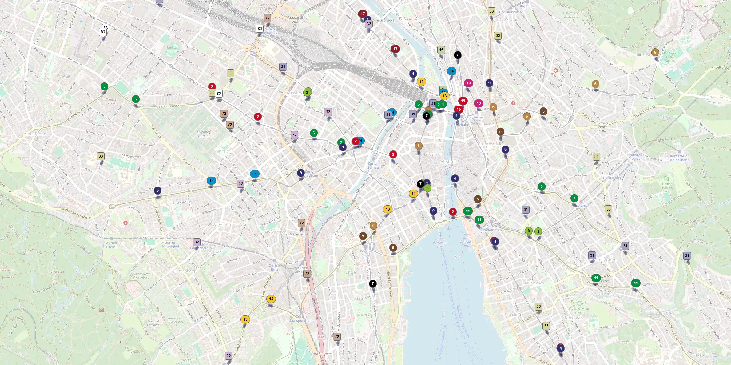 Openstreetmap Karte mit VBZ-Linien und aktueller Position der Trams