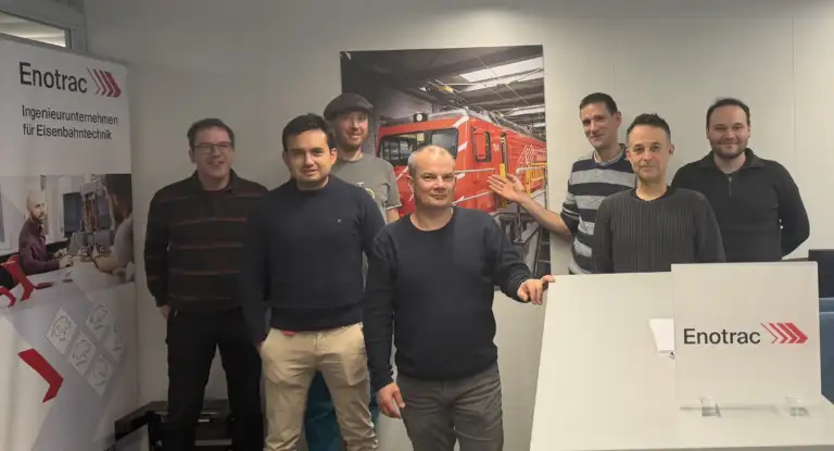 Sieben Mitarbeiter im neuen Büro in Winterthur vor einem Poster mit einem MGB Zug