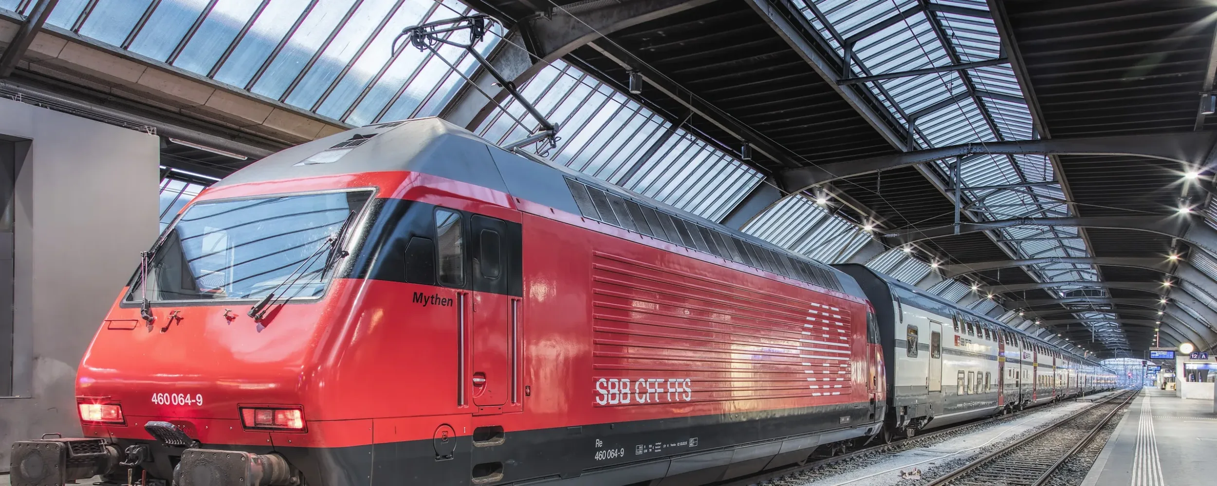 Zurich, Switzerland - 9 October, 2016: a train of the Swiss Federal Railways at a platform of the Zurich main railway station. Zurich main railway station (German: Zurich Hauptbahnhof or Zurich HB) is the largest railway station in Switzerland and one of the busiest railway stations in the world.