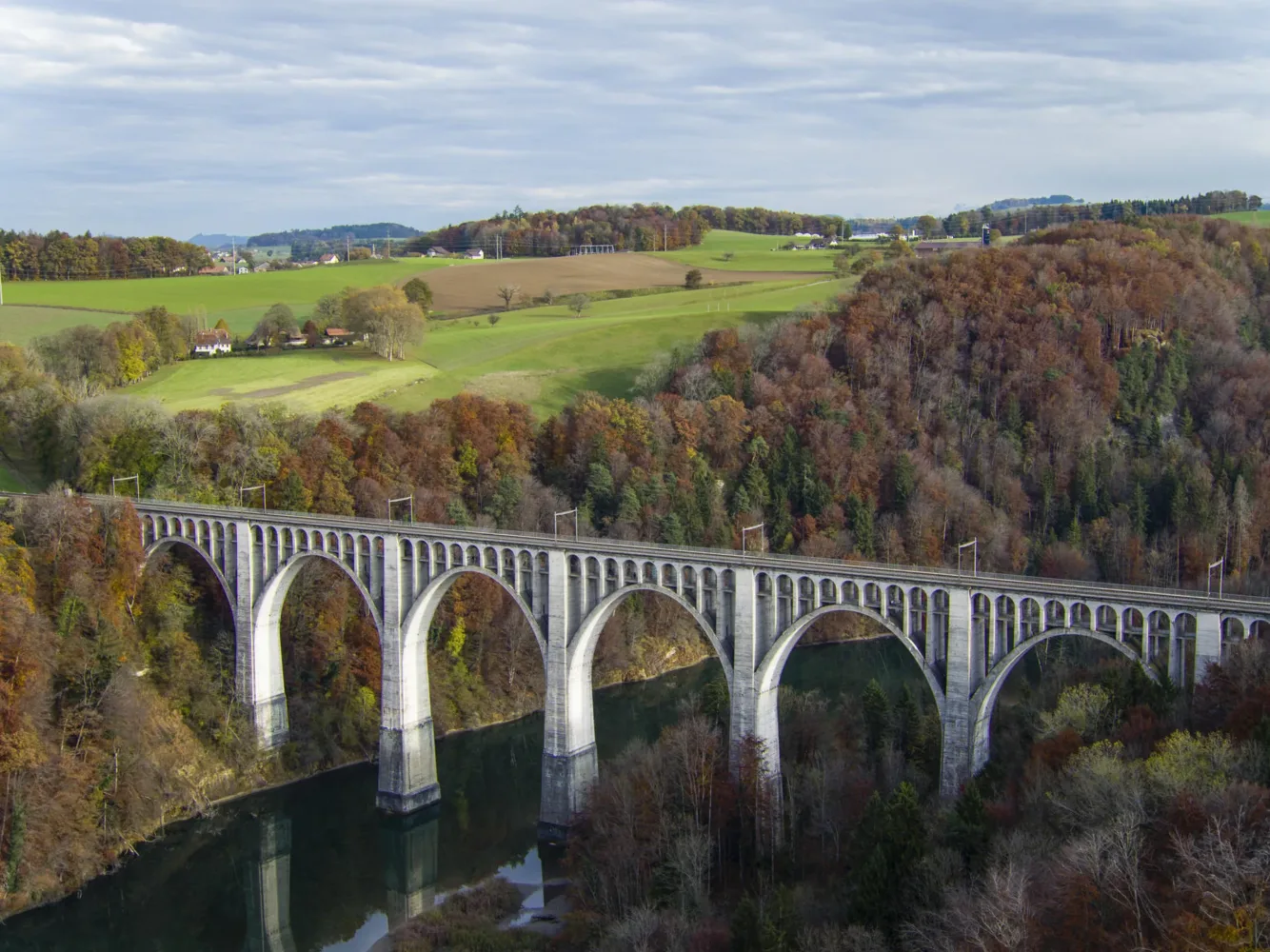 Aerial view of bridge viaduc de Grandfey in Switzerland